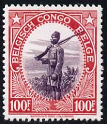 Belgian Congo 1942-43 Askari Sentry 100f  Maryland perf unused forgery, as SG 250 - the word Forgery is either handstamped or printed on the back and comes on a presentat..., stamps on forgery, stamps on forgeries, stamps on militaria, stamps on police, stamps on maryland
