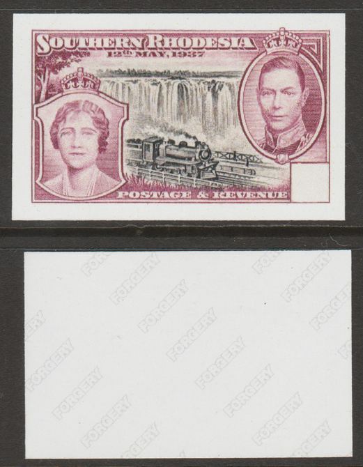 Southern Rhodesia 1937 KG6 Coronation 6d (with blank value tablet)  'Maryland' imperf 'unused' proof forgery, as SG 39 - the word Forgery is either handstamped or printed on the back and comes on a presentation card with descriptive notes, stamps on maryland, stamps on forgery, stamps on forgeries, stamps on  kg6 , stamps on coronation, stamps on royalty, stamps on railways, stamps on waterfalls, stamps on bridges