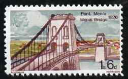 Great Britain 1968 Bridges 1s6d Menai Bridge with gold (Queens Head) omitted  Maryland perf unused forgery, as SG 765a - the word Forgery is either handstamped or printed..., stamps on maryland, stamps on forgery, stamps on forgeries