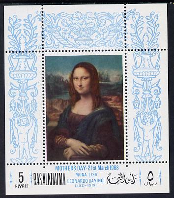 Ras Al Khaima 1968 Mothers Day (Mona Lisa Painting) perf m/sheet unmounted mint Mi BL 40A, stamps on arts, stamps on women, stamps on leonardo da vinci