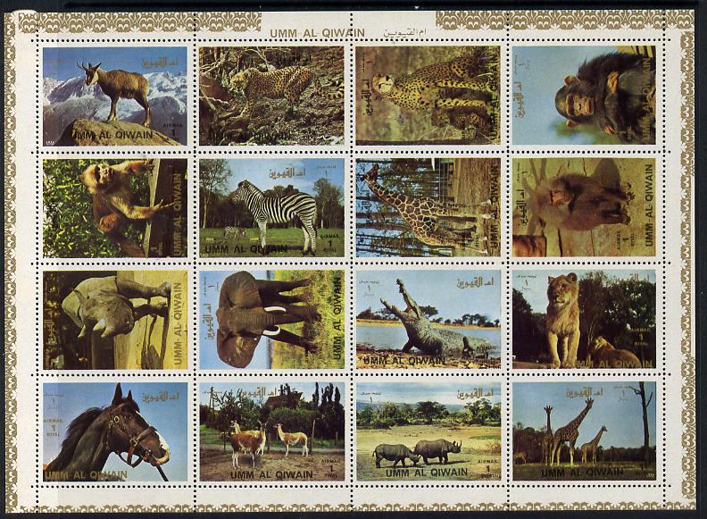 Umm Al Qiwain 1972 Animals #2 sheetlet containing 16 values unmounted mint (Mi 1002-17), stamps on animals, stamps on cats, stamps on horses, stamps on apes, stamps on elephants, stamps on zebras, stamps on giraffes, stamps on hippos, stamps on rhinos, stamps on zebra