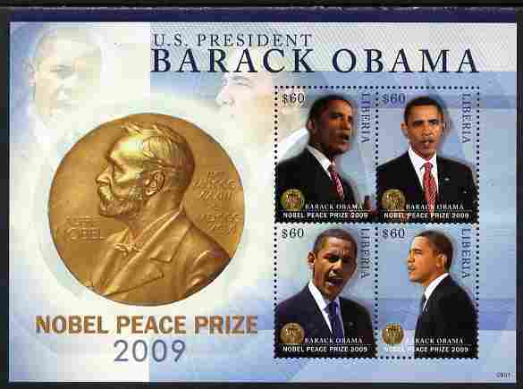 Liberia 2009 Barack Obama Wins Nobel Peace Prize perf sheetlet containing 4 values unmounted mint, stamps on personalities, stamps on nobel, stamps on peace, stamps on usa presidents, stamps on american, stamps on masonics, stamps on masonry, stamps on obama