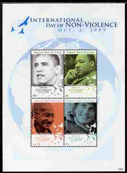 Papua New Guinea 2009 International Day of Non-Violence perf sheetlet containing 4 values unmounted mint, stamps on personalities, stamps on nobel, stamps on peace, stamps on usa presidents, stamps on american, stamps on masonics, stamps on masonry, stamps on obama, stamps on gandhi, stamps on diana, stamps on royalty, stamps on luter king, stamps on 