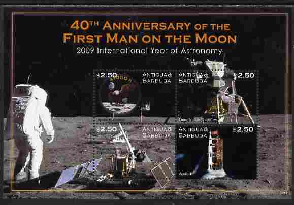 Antigua 2009 40th Anniversary of Moon Landing perf sheetlet containing 4 values unmounted mint, stamps on personalities, stamps on space, stamps on apollo, stamps on rockets