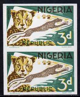 Nigeria 1969-72 Cheetah 3d reprint def by NSP&M Co imperf pair (previously unrecorded imperf) as SG 223, unmounted mint with sl wrinkling, stamps on cats, stamps on cheetah