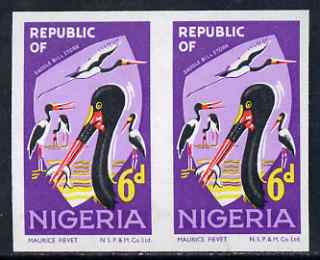 Nigeria 1969-72 Stork 6d reprint def by NSP&M Co imperf pair (previously unrecorded imperf) as SG 225, unmounted mint with slight wrinkling, stamps on birds, stamps on storks