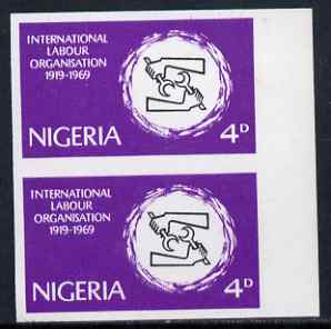 Nigeria 1969 50th Anniversary of International Labour Organization 4d imperf pair (previously unrecorded imperf) as SG 235, unmounted mint, stamps on ilo, stamps on labour, stamps on maps