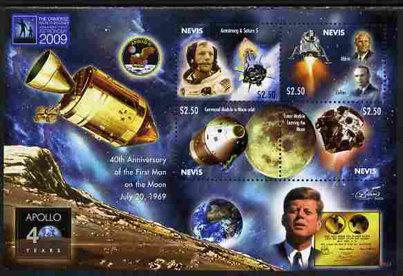 Nevis 2009 40th Anniversary of Moon Landing perf sheetlet containing 4 values unmounted mint, stamps on personalities, stamps on space, stamps on apollo, stamps on kennedy, stamps on usa presidents, stamps on americana