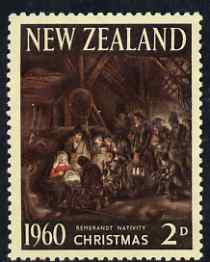 New Zealand 1960 Christmas 2d (Adoration of the Shepherds by Rembrandt) unmounted mint, SG 805*, stamps on christmas, stamps on arts, stamps on rembrandt