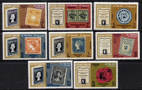 Ajman 1965 Stanley Gibbons Centenary perf set of 8 unmounted mint (Mi 45-52) , stamps on stamp on stamp, stamps on stamponstamp