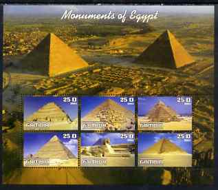 Gambia 2003 Monuments of Egypt (Pyramids) perf sheetlet containing 6 values, unmounted mint, stamps on monuments, stamps on egyptology, stamps on pyramids, stamps on tourism