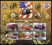 Gambia 2003 Fire Engines - Remember Sept 11th perf sheetlet containing 6 values, unmounted mint, stamps on fire, stamps on disasters