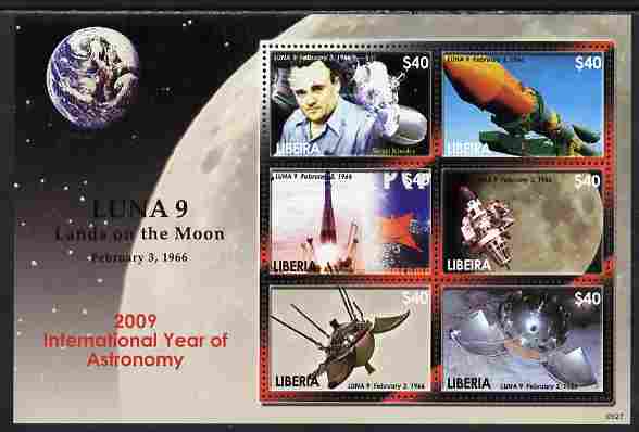 Liberia 2009 International Year of Astronomy perf sheetlet containing 6 values unmounted mint, stamps on astronomy, stamps on space, stamps on luna, stamps on rockets