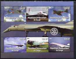 Congo 2004 Aircraft (incl BA Concorde) perf sheetlet containing 6 values, with Rotary Logo unmounted mint, stamps on , stamps on  stamps on aviation, stamps on  stamps on concorde, stamps on  stamps on rotary