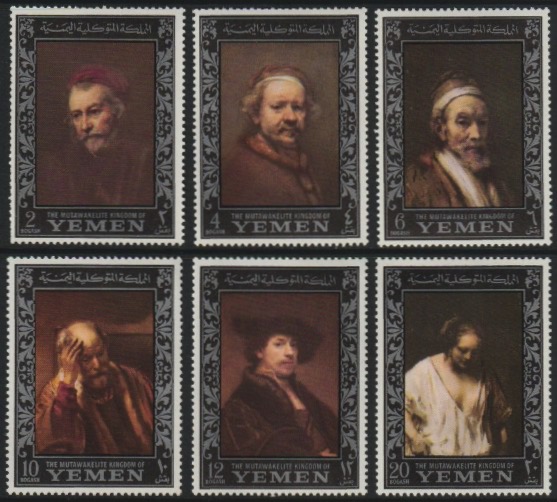 Yemen - Royalist 1967 Rembrandt perf set of 6 (borders in silver) unmounted mint SG R205-10, Mi 284-89A, stamps on arts, stamps on personalities, stamps on rembrandt, stamps on renaissance