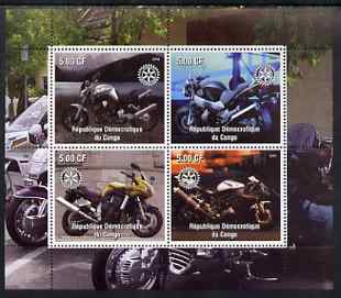 Congo 2003 Modern Motorcycles #1 perf sheetlet containing 4 values each with Rotary Logo, unmounted mint, stamps on motorbikes, stamps on rotary