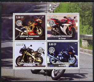 Congo 2003 Modern Motorcycles #3 perf sheetlet containing 4 values each with Rotary Logo, unmounted mint, stamps on motorbikes, stamps on rotary