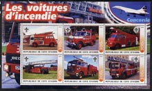 Ivory Coast 2003 Fire Engines #1 perf sheetlet containing set of 6 values (each with Scout Logo & Concorde in Margin) unmounted mint, stamps on fire, stamps on scouts, stamps on concorde, stamps on aviation