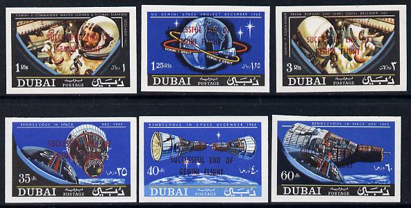 Dubai 1967 Gemini imperf set of 6 with Flight Success overprint, SG 226-31var unmounted mint, stamps on space