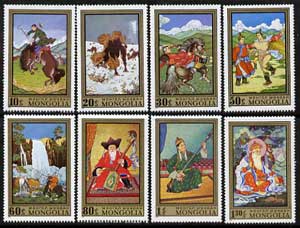 Mongolia 1972 Contemporary Paintings perf set of 8 unmounted mint, SG 651-58, stamps on arts, stamps on horses, stamps on camels, stamps on wrestling, stamps on waterfalls, stamps on 