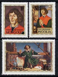 Mongolia 1973 Birth Anniversary of Nicolaus Copernicus (astronomer) perf set of 3 unmounted mint, SG 749-51, stamps on personalities, stamps on science, stamps on maths, stamps on copernicus, stamps on astronomy