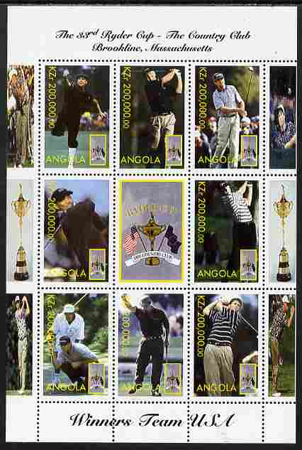 Angola 1999 Golf - The 33rd Ryder Cup perf sheetlet containing 9 values unmounted mint. Note this item is privately produced and is offered purely on its thematic appeal, stamps on golf, stamps on sport
