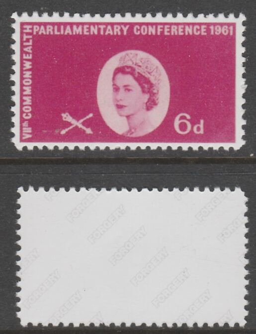 Great Britain 1961 Seventh Commonwealth Parliamentary Conference 6d with gold omitted,  Maryland perf forgery unused as SG 629a - the word Forgery is either handstamped o..., stamps on maryland, stamps on forgery, stamps on forgeries