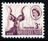 Rhodesia 1966 Kudu 3d with pale blue omitted,  'Maryland' perf forgery 'unused' as SG 376b - the word Forgery is either handstamped or printed on the back and comes on a presentation card with descriptive notes, stamps on maryland, stamps on forgery, stamps on forgeries, stamps on  