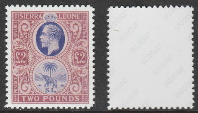 Sierra Leone 1912-21 KG5 £2,  'Maryland' perf forgery 'unused' as SG 129 - the word Forgery is either handstamped or printed on the back and comes on a presentation card with descriptive notes, stamps on , stamps on  stamps on maryland, stamps on  stamps on forgery, stamps on  stamps on forgeries, stamps on  stamps on , stamps on  stamps on  kg5 , stamps on  stamps on , stamps on  stamps on elephants