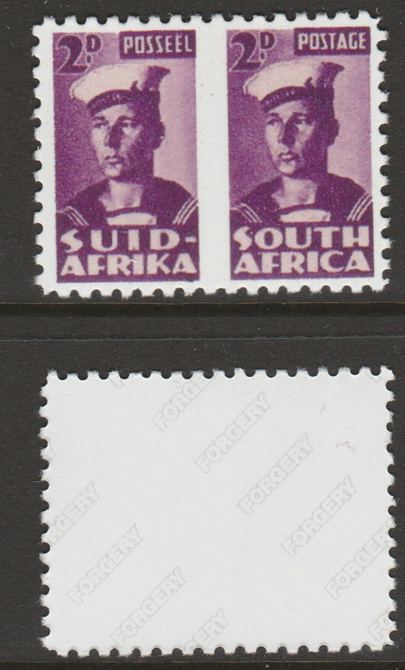 South Africa 1942-44 KG6 War Effort (reduced size) 2d Sailor horiz pair with roulette omitted between,  'Maryland' perf forgery 'unused' as SG 100b - the word Forgery is either handstamped or printed on the back and comes on a presentation card with descriptive notes, stamps on maryland, stamps on forgery, stamps on forgeries, stamps on  ww2 , stamps on  kg6 , stamps on militaria