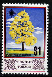 Trinidad & Tobago 1969 Poui Tree $1 with gold (Queen's Head) omitted,  'Maryland' perf forgery 'unused', as SG 352a - the word Forgery is either handstamped or printed on the back and comes on a presentation card with descriptive notes, stamps on maryland, stamps on forgery, stamps on forgeries, stamps on trees