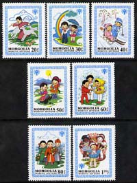 Mongolia 1980 Nursery Tales perf set of 7 unmounted mint, SG 1326-32, stamps on fairy tales, stamps on children, stamps on skiing, stamps on rainbows