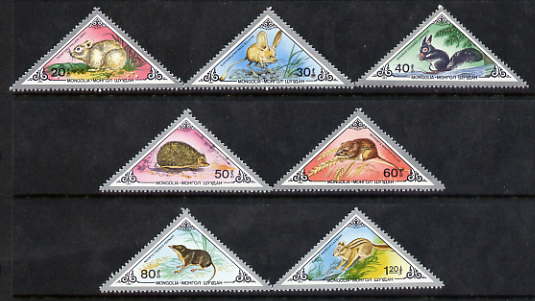 Mongolia 1983 Small Animals Triangular perf set of 7 unmounted mint SG 1563-69, stamps on animals, stamps on triangulars, stamps on squirrels, stamps on hedgehogs, stamps on mice, stamps on rodents, stamps on shrews, stamps on 