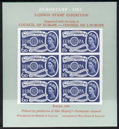 Exhibition souvenir sheet for 1962 London Stamp Exhibition showing Great Britain Europa 1s6d stamp block of 6 (grey background) unmounted mint, stamps on cinderella, stamps on stamp exhibitions, stamps on europa