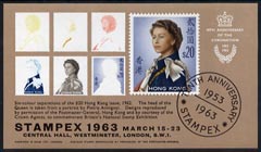 Exhibition souvenir sheet for 1963 Stampex showing Hong Kong Annigoni $20 with colour separations unmounted mint, stamps on cinderella, stamps on stamp exhibitions