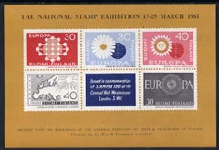 Exhibition souvenir sheet for 1961 Stampex showing four unadopted Europa designs for Finland plus the 1960 accepted design unmounted mint, stamps on cinderella, stamps on stamp exhibitions, stamps on europa