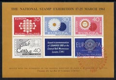 Exhibition souvenir sheet for 1961 Stampex showing four unadopted Europa designs for Finland plus the 1960 accepted design, with Exhibition cachet in red, unmounted mint, stamps on cinderella, stamps on stamp exhibitions, stamps on europa