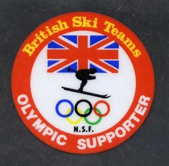 Cinderella - Great Britain 1980s Circular plastic window label British Ski Teams - Olympic Supporter, Skier, Olympic Rings & Union Jack on backing paper, stamps on cinderella, stamps on olympics, stamps on skiing, stamps on flags