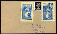 Cinderella - 1991 cover with blue on yellow 'Free Kuwait' and 'S a ddam Shame' imperf labels with commercial cancel, stamps on cinderella, stamps on gas masks