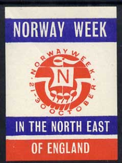 Cinderella - 1960c Norway Week in the North East of England 21-30 October, red white & blue label with stylised Viking Ship, stamps on cinderella, stamps on vikings, stamps on ships