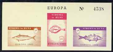 Stroma 1963 Europa imperf sheetlet containing set of 3 fish on buff paper unmounted mint, stamps on europa, stamps on fish