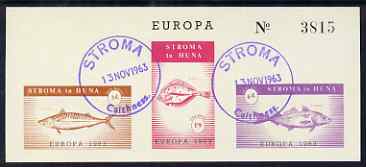 Stroma 1963 Europa imperf sheetlet containing set of 3 fish on buff paper cto used, stamps on europa, stamps on fish
