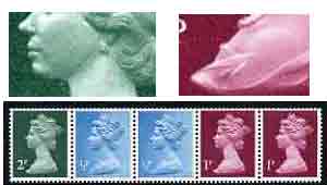 Great Britain 1971 Machin multi-value coil (2p,1/2p,1/2p,1p,1p) with constant variety scratch on dress of 1st 1p and scratch like chin-strap on 2p (ex G1 coil roll 9) unm..., stamps on varieties, stamps on gb