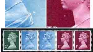Great Britain 1971 Machin multi-value coil (2p,1/2p,1/2p,1p,1p) with constant variety large white spot behind dress on 2nd 1/2p and white flaw under chin on 1st 1p (ex G1..., stamps on varieties, stamps on gb