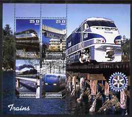 Gambia 2003 Modern Trains perf sheetlet containing 4 values with Rotary logo, fine cto used, stamps on railways, stamps on rotary
