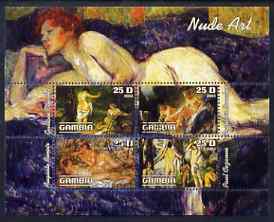Gambia 2003 Nude Art perf sheetlet containing 4 values, fine cto used (Renoir, Courbet, Boucher & Cezanne), stamps on arts, stamps on women, stamps on nudes, stamps on cezanne, stamps on renoir