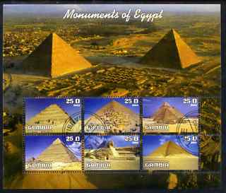 Gambia 2003 Monuments of Egypt (Pyramids) perf sheetlet containing 6 values, fine cto used, stamps on monuments, stamps on egyptology, stamps on pyramids, stamps on tourism