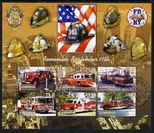 Gambia 2003 Fire Engines - Remember Sept 11th perf sheetlet containing 6 values, fine cto used, stamps on fire, stamps on disasters
