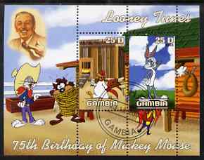 Gambia 2003 Looney Tunes - 75th Birthday of Mickey Mouse perf sheetlet containing 2 values, fine cto used, stamps on disney, stamps on cartoons
