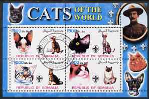 Somalia 2002 Domestic Cats of the World perf sheetlet #01 containing 4 values each with Scout Logo, fine cto used , stamps on cats, stamps on scouts